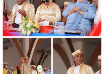 Wabup dan Ketua TP PKK, Ketua DWP Halteng Hadiri Upacara HUT Haltim ke 22