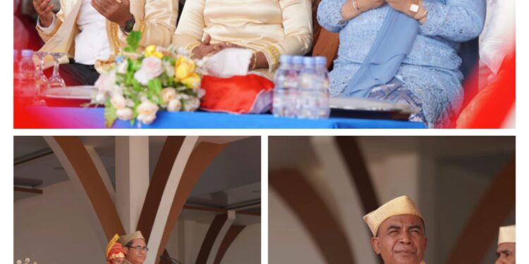 Wabup dan Ketua TP PKK, Ketua DWP Halteng Hadiri Upacara HUT Haltim ke 22